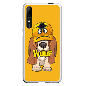 Чехол для Honor P Smart Z с принтом Woof в Кировске, Силикон | Область печати: задняя сторона чехла, без боковых панелей | animal | cap | dog | funny | slogan | text | yellow | бассет хаунд | желтый | животное | забавный | кепка | прикольный | слоган | смешной | собака | текст