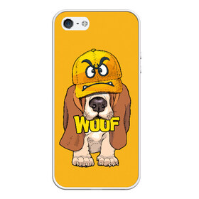 Чехол для iPhone 5/5S матовый с принтом Woof в Кировске, Силикон | Область печати: задняя сторона чехла, без боковых панелей | animal | cap | dog | funny | slogan | text | yellow | бассет хаунд | желтый | животное | забавный | кепка | прикольный | слоган | смешной | собака | текст