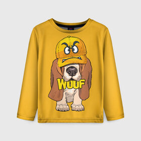 Детский лонгслив 3D с принтом Woof в Кировске, 100% полиэстер | длинные рукава, круглый вырез горловины, полуприлегающий силуэт
 | animal | cap | dog | funny | slogan | text | yellow | бассет хаунд | желтый | животное | забавный | кепка | прикольный | слоган | смешной | собака | текст