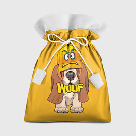 Подарочный 3D мешок с принтом Woof в Кировске, 100% полиэстер | Размер: 29*39 см | Тематика изображения на принте: animal | cap | dog | funny | slogan | text | yellow | бассет хаунд | желтый | животное | забавный | кепка | прикольный | слоган | смешной | собака | текст