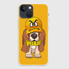 Чехол для iPhone 13 mini с принтом Woof в Кировске,  |  | Тематика изображения на принте: animal | cap | dog | funny | slogan | text | yellow | бассет хаунд | желтый | животное | забавный | кепка | прикольный | слоган | смешной | собака | текст