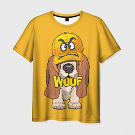 Мужская футболка 3D с принтом Woof в Кировске, 100% полиэфир | прямой крой, круглый вырез горловины, длина до линии бедер | animal | cap | dog | funny | slogan | text | yellow | бассет хаунд | желтый | животное | забавный | кепка | прикольный | слоган | смешной | собака | текст