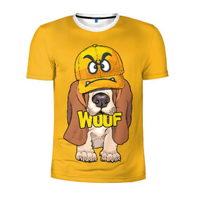 Мужская футболка 3D спортивная с принтом Woof в Кировске, 100% полиэстер с улучшенными характеристиками | приталенный силуэт, круглая горловина, широкие плечи, сужается к линии бедра | Тематика изображения на принте: animal | cap | dog | funny | slogan | text | yellow | бассет хаунд | желтый | животное | забавный | кепка | прикольный | слоган | смешной | собака | текст