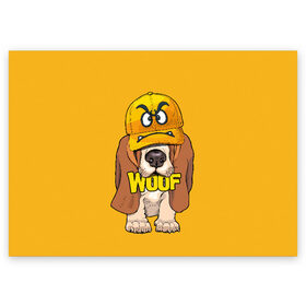 Поздравительная открытка с принтом Woof в Кировске, 100% бумага | плотность бумаги 280 г/м2, матовая, на обратной стороне линовка и место для марки
 | Тематика изображения на принте: animal | cap | dog | funny | slogan | text | yellow | бассет хаунд | желтый | животное | забавный | кепка | прикольный | слоган | смешной | собака | текст