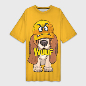 Платье-футболка 3D с принтом Woof в Кировске,  |  | animal | cap | dog | funny | slogan | text | yellow | бассет хаунд | желтый | животное | забавный | кепка | прикольный | слоган | смешной | собака | текст