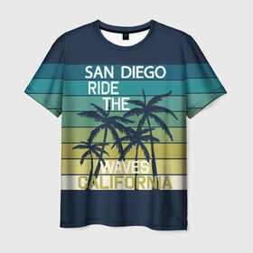 Мужская футболка 3D с принтом California в Кировске, 100% полиэфир | прямой крой, круглый вырез горловины, длина до линии бедер | california | cool | palm trees | san diego | stripes | travel | калифорния | пальмы | полосы | прикольный | путешествие | сан диего