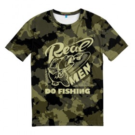 Мужская футболка 3D с принтом Real men do fishing в Кировске, 100% полиэфир | прямой крой, круглый вырез горловины, длина до линии бедер | bait | black | fish | fisherman | fishing | hook | man | white | белый | занимается | камуфляж | крючок | мужчина | наживка | настоящий | реальный | рыба | рыбак | рыбалка | черный