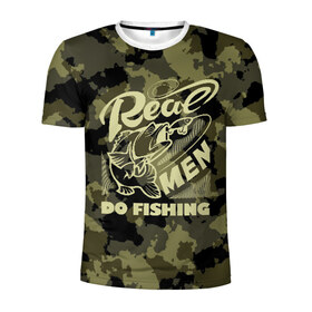 Мужская футболка 3D спортивная с принтом Real men do fishing в Кировске, 100% полиэстер с улучшенными характеристиками | приталенный силуэт, круглая горловина, широкие плечи, сужается к линии бедра | bait | black | fish | fisherman | fishing | hook | man | white | белый | занимается | камуфляж | крючок | мужчина | наживка | настоящий | реальный | рыба | рыбак | рыбалка | черный