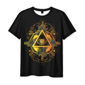 Мужская футболка 3D с принтом Всевидящее око в Кировске, 100% полиэфир | прямой крой, круглый вырез горловины, длина до линии бедер | black | esoteric | eye | mystic | occult | orange | symbol | triangle | yellow | глаз | желтый | мистика | оккультизм | око | оранжевый | символ | треугольник | черный | эзотерика