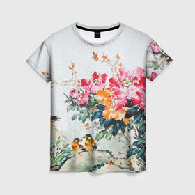 Женская футболка 3D с принтом Японские цветы в Кировске, 100% полиэфир ( синтетическое хлопкоподобное полотно) | прямой крой, круглый вырез горловины, длина до линии бедер | japan | japanese | искусство | картина | цветы | япония | японская гравюра | японская картина