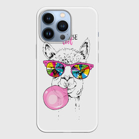Чехол для iPhone 13 Pro с принтом Because cool в Кировске,  |  | Тематика изображения на принте: alpaca | animal | chewing | cool | funny | gum | head | llama | muzzle | puffed up | rainbow | альпака | голова | жевательная | животное | забавный | лама | надутая | очки | прикольный | радужные | резинка | смешная