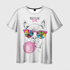 Мужская футболка 3D с принтом Because cool в Кировске, 100% полиэфир | прямой крой, круглый вырез горловины, длина до линии бедер | alpaca | animal | chewing | cool | funny | gum | head | llama | muzzle | puffed up | rainbow | альпака | голова | жевательная | животное | забавный | лама | надутая | очки | прикольный | радужные | резинка | смешная