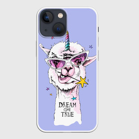 Чехол для iPhone 13 mini с принтом Dream come true в Кировске,  |  | alpaca | animal | carnival | dream came true | funny | horn | llama | rainbow | slogan | star | unicorn | альпака | единорог | животное | звезда | карнавал | лама | мечта сбылась | очки | прикольный | радуга | рог | слоган