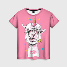 Женская футболка 3D с принтом Hello llamacorn в Кировске, 100% полиэфир ( синтетическое хлопкоподобное полотно) | прямой крой, круглый вырез горловины, длина до линии бедер | alpaca | animal | carnival | cool | cup | head | horn | ice cream | llama | look | pink | slogan | star | unicorn | waffle | альпака | вафельный | взгляд | голова | единорог | животное | звезда | карнавал | лама | мороженое | привет | прикольный | р