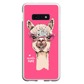 Чехол для Samsung S10E с принтом Romantic llama в Кировске, Силикон | Область печати: задняя сторона чехла, без боковых панелей | Тематика изображения на принте: alpaca | animal | cool | flowers | head | heart | inscription | llama | look | pink | romance | альпака | взгляд | голова | животное | лама | любовь | надпись | очки | прикольный | розовые | романтика | сердце | цветы