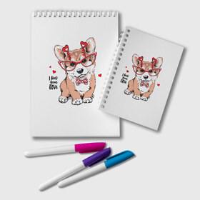 Блокнот с принтом I need your love в Кировске, 100% бумага | 48 листов, плотность листов — 60 г/м2, плотность картонной обложки — 250 г/м2. Листы скреплены удобной пружинной спиралью. Цвет линий — светло-серый
 | Тематика изображения на принте: animal | bow | bow tie | breed | cute | dog | funny | hearts | i need your love | polka dot | puppy | red | the inscription | white | бант | белый | вельш корги пемброк | галстук бабочка | горошек | животное | забавный | красный | любовь | милый | м
