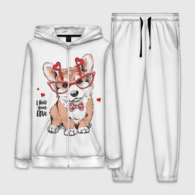 Женский костюм 3D с принтом I need your love в Кировске,  |  | animal | bow | bow tie | breed | cute | dog | funny | hearts | i need your love | polka dot | puppy | red | the inscription | white | бант | белый | вельш корги пемброк | галстук бабочка | горошек | животное | забавный | красный | любовь | милый | м