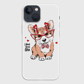 Чехол для iPhone 13 mini с принтом I need your love в Кировске,  |  | Тематика изображения на принте: animal | bow | bow tie | breed | cute | dog | funny | hearts | i need your love | polka dot | puppy | red | the inscription | white | бант | белый | вельш корги пемброк | галстук бабочка | горошек | животное | забавный | красный | любовь | милый | м