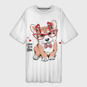 Платье-футболка 3D с принтом I need your love в Кировске,  |  | animal | bow | bow tie | breed | cute | dog | funny | hearts | i need your love | polka dot | puppy | red | the inscription | white | бант | белый | вельш корги пемброк | галстук бабочка | горошек | животное | забавный | красный | любовь | милый | м