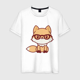 Мужская футболка хлопок с принтом Лисенок в очках в Кировске, 100% хлопок | прямой крой, круглый вырез горловины, длина до линии бедер, слегка спущенное плечо. | fox | лис | лиса | лисенок | милая | пушистик | рыжая