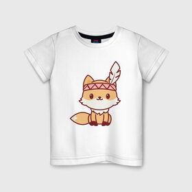 Детская футболка хлопок с принтом Лисенок индеец в Кировске, 100% хлопок | круглый вырез горловины, полуприлегающий силуэт, длина до линии бедер | Тематика изображения на принте: fox | лис | лиса | лисенок | лисица | милая | пушистик | рыжая