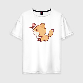 Женская футболка хлопок Oversize с принтом Лисенок с птичкой на носу в Кировске, 100% хлопок | свободный крой, круглый ворот, спущенный рукав, длина до линии бедер
 | fox | лис | лиса | лисенок | лисица | милая | пушистик | рыжая