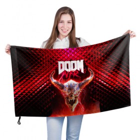 Флаг 3D с принтом Doom Enternal в Кировске, 100% полиэстер | плотность ткани — 95 г/м2, размер — 67 х 109 см. Принт наносится с одной стороны | 3d | doom enternal | игра | компьютерная | логотип | планета | темный | шутер
