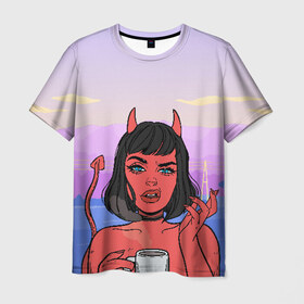 Мужская футболка 3D с принтом What в Кировске, 100% полиэфир | прямой крой, круглый вырез горловины, длина до линии бедер | coffee | demon | devil | girl | hell | девушка | демон | дьявол | кофе