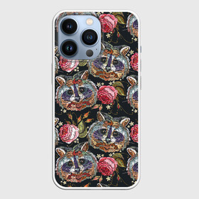 Чехол для iPhone 13 Pro с принтом Еноты в Кировске,  |  | animals | art | drawing | embroidery | flower | raccoons | rose | touches | wild | вышивка | дикие | еноты | животные | звери | искусство | рисунок | роза | цветок | штрихи