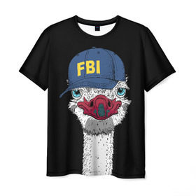 Мужская футболка 3D с принтом FBI в Кировске, 100% полиэфир | прямой крой, круглый вырез горловины, длина до линии бедер | beak | bird | blue | cap | fbi | funny | head | inscription | long | neck | ostrich | red | весёлый | голова | длинная | кепка | клюв | красный | надпись | птица | синяя | смешной | страус | фбр | шея