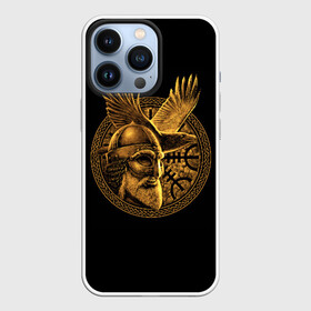 Чехол для iPhone 13 Pro с принтом Один в Кировске,  |  | beard | celtic | emblem | face | golden | helmet | myth | one | ornament | raven | runes | sword | viking | warrior | борода | викинг | воин | ворон | золотой | кельтский | лицо | меч | миф | один | орнамент | руны | шлем | эмблема