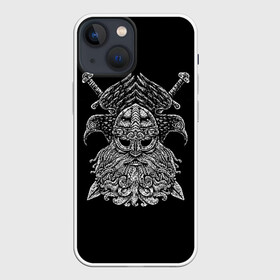 Чехол для iPhone 13 mini с принтом Один в Кировске,  |  | beard | character | emblem | face | helmet | mythical | one | sword | viking | warrior | борода | викинг | воин | лицо | меч | мифический | один | персонаж | шлем | эмблема