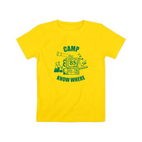 Детская футболка хлопок с принтом CAMP KNOW WHERE в Кировске, 100% хлопок | круглый вырез горловины, полуприлегающий силуэт, длина до линии бедер | 80 е | 85 | camp know where | camp nowhere | dustin | netflix | stranger things | дастин | кепка дастина | нетфликс | очень странные дела