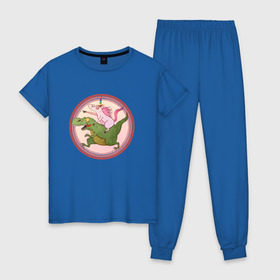 Женская пижама хлопок с принтом Вперёд к мечте! в Кировске, 100% хлопок | брюки и футболка прямого кроя, без карманов, на брюках мягкая резинка на поясе и по низу штанин | Тематика изображения на принте: bird born | арт | единорог | животные | иллюстрация | ирония | комиксы | мечта | милота | мотивация | тирекс | юмор
