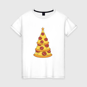 Женская футболка хлопок с принтом Пиццеёлка в Кировске, 100% хлопок | прямой крой, круглый вырез горловины, длина до линии бедер, слегка спущенное плечо | bird born | арт | веселье | еда | ёлка | иллюстратор | иллюстрация | новый год | пепперони | пицца | радость | рисунок | юмор