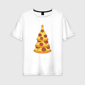 Женская футболка хлопок Oversize с принтом Пиццеёлка в Кировске, 100% хлопок | свободный крой, круглый ворот, спущенный рукав, длина до линии бедер
 | bird born | арт | веселье | еда | ёлка | иллюстратор | иллюстрация | новый год | пепперони | пицца | радость | рисунок | юмор