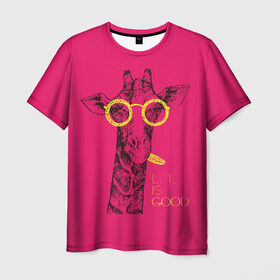Мужская футболка 3D с принтом Life is good в Кировске, 100% полиэфир | прямой крой, круглый вырез горловины, длина до линии бедер | african | animal | giraffe | inscription | life is good | look | pink | pop art | tongue | yellow | африканское | взгляд | желтый | животное | жизнь хороша | жираф | надпись | очки | поп   арт | розовый | язык