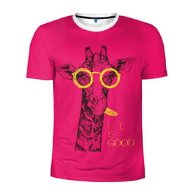 Мужская футболка 3D спортивная с принтом Life is good в Кировске, 100% полиэстер с улучшенными характеристиками | приталенный силуэт, круглая горловина, широкие плечи, сужается к линии бедра | Тематика изображения на принте: african | animal | giraffe | inscription | life is good | look | pink | pop art | tongue | yellow | африканское | взгляд | желтый | животное | жизнь хороша | жираф | надпись | очки | поп   арт | розовый | язык