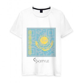Мужская футболка хлопок с принтом QR-Kazakhstan в Кировске, 100% хлопок | прямой крой, круглый вырез горловины, длина до линии бедер, слегка спущенное плечо. | cxstyle | qr | казахстан | код | символ | страна | флаг