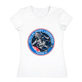 Женская футболка хлопок с принтом Космонавт Team-X в Кировске, 100% хлопок | прямой крой, круглый вырез горловины, длина до линии бедер, слегка спущенное плечо | 