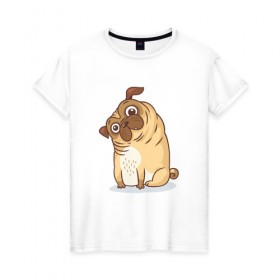 Женская футболка хлопок с принтом Удивленный мопс в Кировске, 100% хлопок | прямой крой, круглый вырез горловины, длина до линии бедер, слегка спущенное плечо | dog | pug | мопс | пес | псина | собака | собачка | удивление