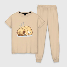Женская пижама хлопок с принтом Спящий мопс в Кировске, 100% хлопок | брюки и футболка прямого кроя, без карманов, на брюках мягкая резинка на поясе и по низу штанин | dog | pug | мопс | пес | псина | собака | собачка | сон | спит | спящий