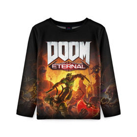 Детский лонгслив 3D с принтом DOOM Eternal в Кировске, 100% полиэстер | длинные рукава, круглый вырез горловины, полуприлегающий силуэт
 | 2019 | bethesda | demon | doom | eternal | ethernal | game | games | logo | monster | runes | демон | дум | дуум | етернал | игра | игры | какодемон | кровь | лого | логотип | монстр | монстры | руны | символ | этернал