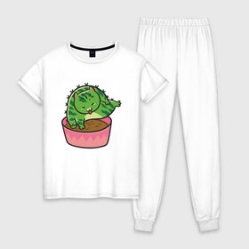 Женская пижама хлопок с принтом Кот-кактус в Кировске, 100% хлопок | брюки и футболка прямого кроя, без карманов, на брюках мягкая резинка на поясе и по низу штанин | 