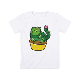 Детская футболка хлопок с принтом Кот-кактус в Кировске, 100% хлопок | круглый вырез горловины, полуприлегающий силуэт, длина до линии бедер | cat | горшок | иголки | кактус | кот кактус | котик | кошка | растение | цветок
