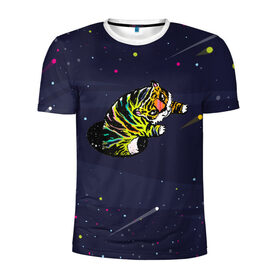 Мужская футболка 3D спортивная с принтом Тигр и телепорт (двусторонняя) в Кировске, 100% полиэстер с улучшенными характеристиками | приталенный силуэт, круглая горловина, широкие плечи, сужается к линии бедра | галактика | звезды | космос | кот | кошка | полосатый | телепорт | тигр | тигренок