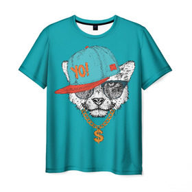 Мужская футболка 3D с принтом Гепард в кепке в Кировске, 100% полиэфир | прямой крой, круглый вырез горловины, длина до линии бедер | animal | beast | cap | chain | cheetah | dollar | gold | head | гепард | голова | доллар | животное | зверь | золото | кепка | очки | цепь