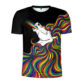 Мужская футболка 3D спортивная с принтом Белый конь с радужной гривой в Кировске, 100% полиэстер с улучшенными характеристиками | приталенный силуэт, круглая горловина, широкие плечи, сужается к линии бедра | волны | конь | лошадь | радуга