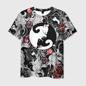Мужская футболка 3D с принтом Инь-Янь Котики в Кировске, 100% полиэфир | прямой крой, круглый вырез горловины, длина до линии бедер | домашние животные | животные | инь янь | котики | милость | растение | цветы