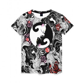 Женская футболка 3D с принтом Инь-Янь Котики в Кировске, 100% полиэфир ( синтетическое хлопкоподобное полотно) | прямой крой, круглый вырез горловины, длина до линии бедер | домашние животные | животные | инь янь | котики | милость | растение | цветы